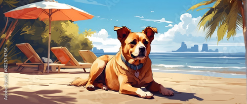 An adorable tan dog rests on a sandy beach with palm trees and a relaxing view, conveying loyalty and tranquility photo