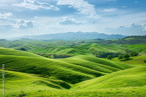 A rolling landscape of green hills stretching into the distance.