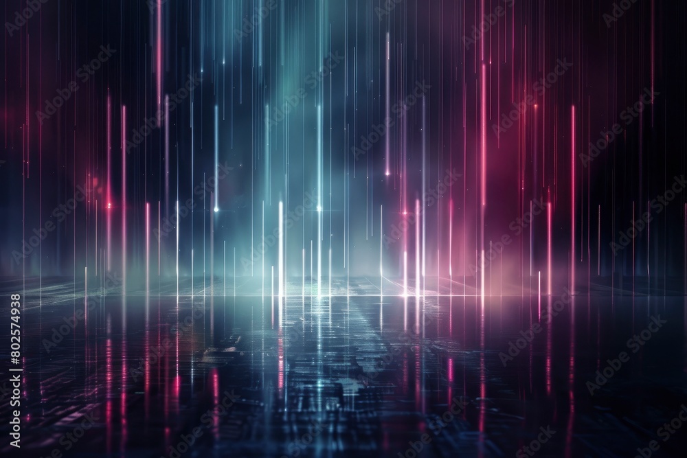 Dark background with lines and spotlights, neon light, night view. Abstract background - generative ai Dark background with lines and spotlights, neon light, night view. Abstract background - generative ai