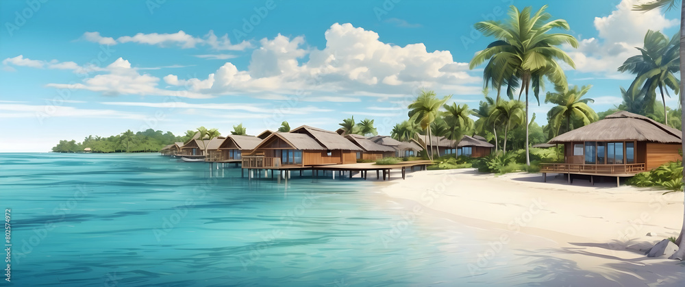 Naklejka premium Tranquil overwater bungalows with thatched roofs located in a serene tropical beach resort setting