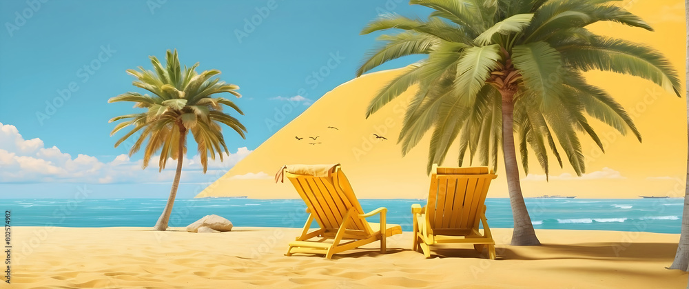 Two relaxing beach chairs facing the sea on a sandy beach near palm trees, inviting calmness and leisure