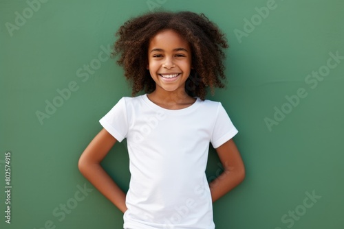Smiling girl with curly hair against green background