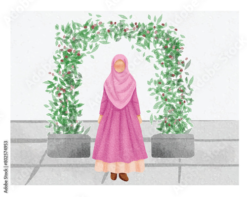 Cute Muslim Girl in a Park Illustration