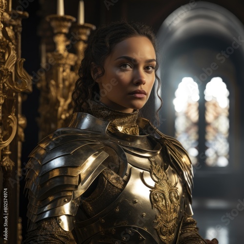 Powerful female warrior in ornate golden armor