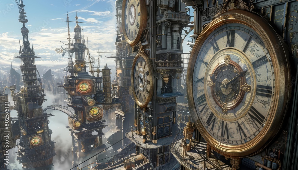 Clock towers now serve as portals to random moments in history, bustling with tourists and timetravelers Sharpen close up strange style hitech ultrafashionable concept