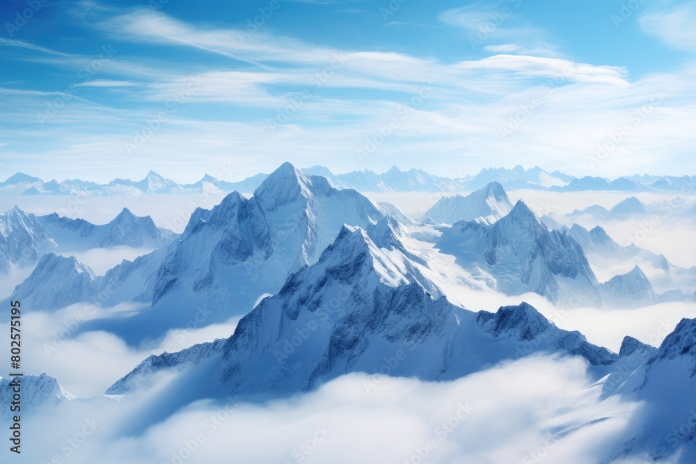 Majestic snow-capped mountain peaks in the clouds