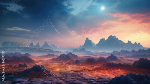 Otherworldly Landscape with Towering Mountains and Glowing Sky