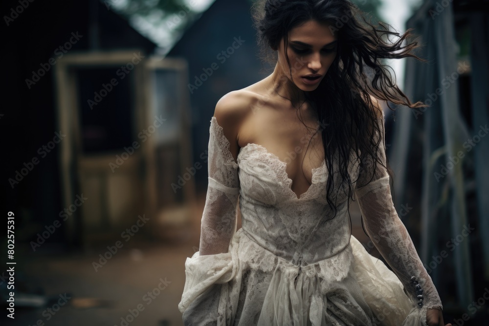 Fototapeta premium Mysterious woman in white dress
