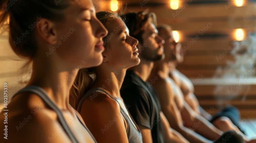 A group of people practicing deep breathing exercises inside a sauna as prescribed by their naturopathic practitioner.. A group of people practicing deep breathing exercises inside a sauna as prescribed by their naturopathic practitioner..