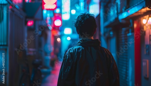 Close up cyber concept of neonlit alleyways in Osaka, focus on human, weird, uncanny, Sharpen Cinematic tone with blur background and no text, logo brand in photo
