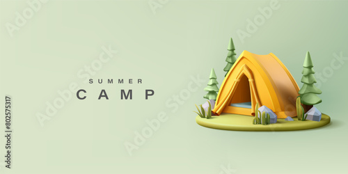 Yellow tent, forest, 3D. Summer recreation in nature, camping. Family travel, lifestyle, unity with nature. Vector