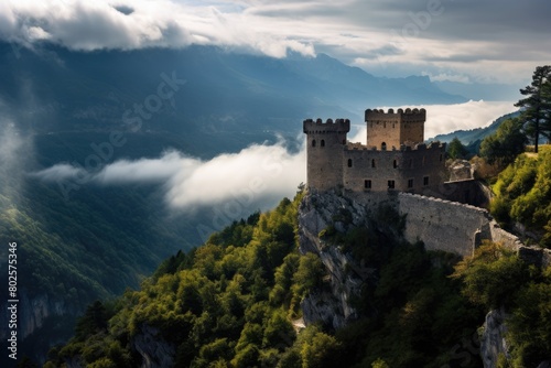 Majestic medieval castle on a rocky cliff overlooking a mountainous landscape