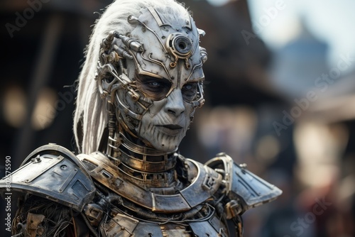 Futuristic cyborg warrior with mechanical face © Balaraw