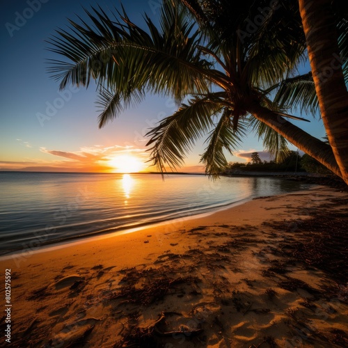 Stunning sunset over tropical beach with palm trees