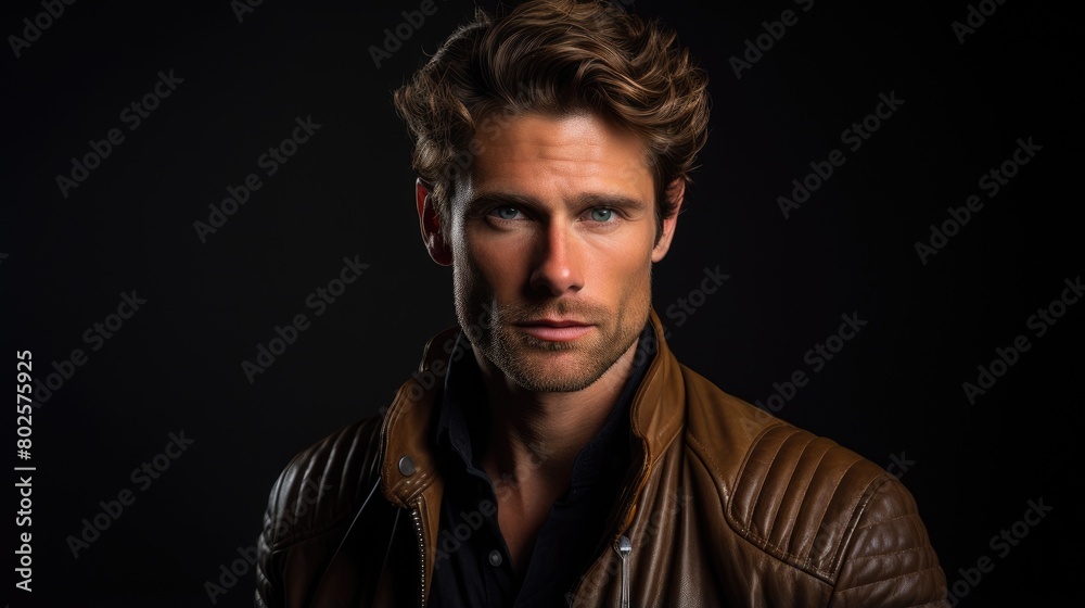 Handsome man with curly hair in leather jacket Handsome man with curly hair in leather jacket