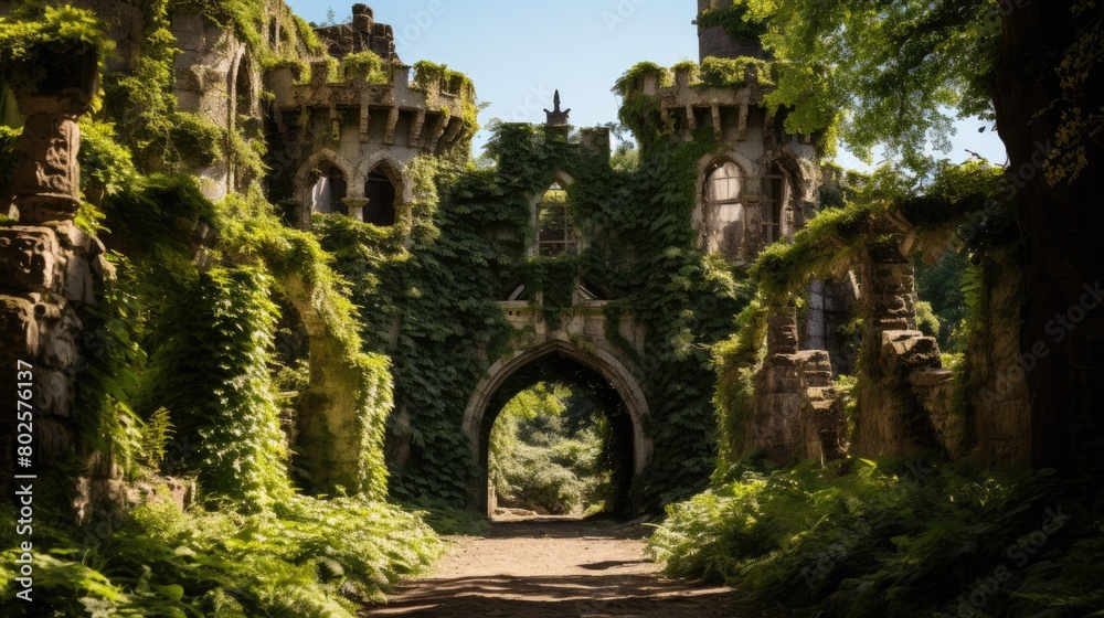 Fototapeta premium Enchanting medieval castle ruins overgrown with lush greenery