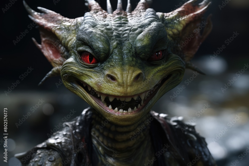 Fototapeta premium Ferocious dragon-like creature with glowing red eyes