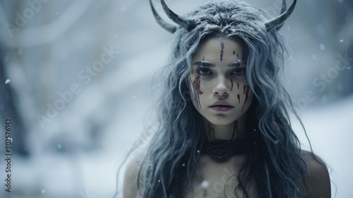 Mysterious winter warrior woman with horns