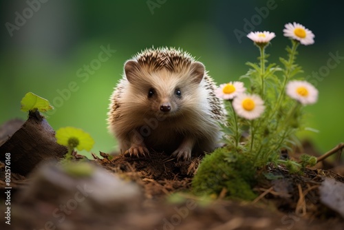 Adorable hedgehog in natural habitat