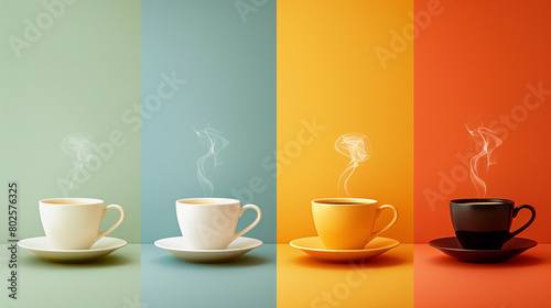 Four Cups of Steaming Hot Beverage on Colorful Backgrounds - A Study in Contrast and Warmth