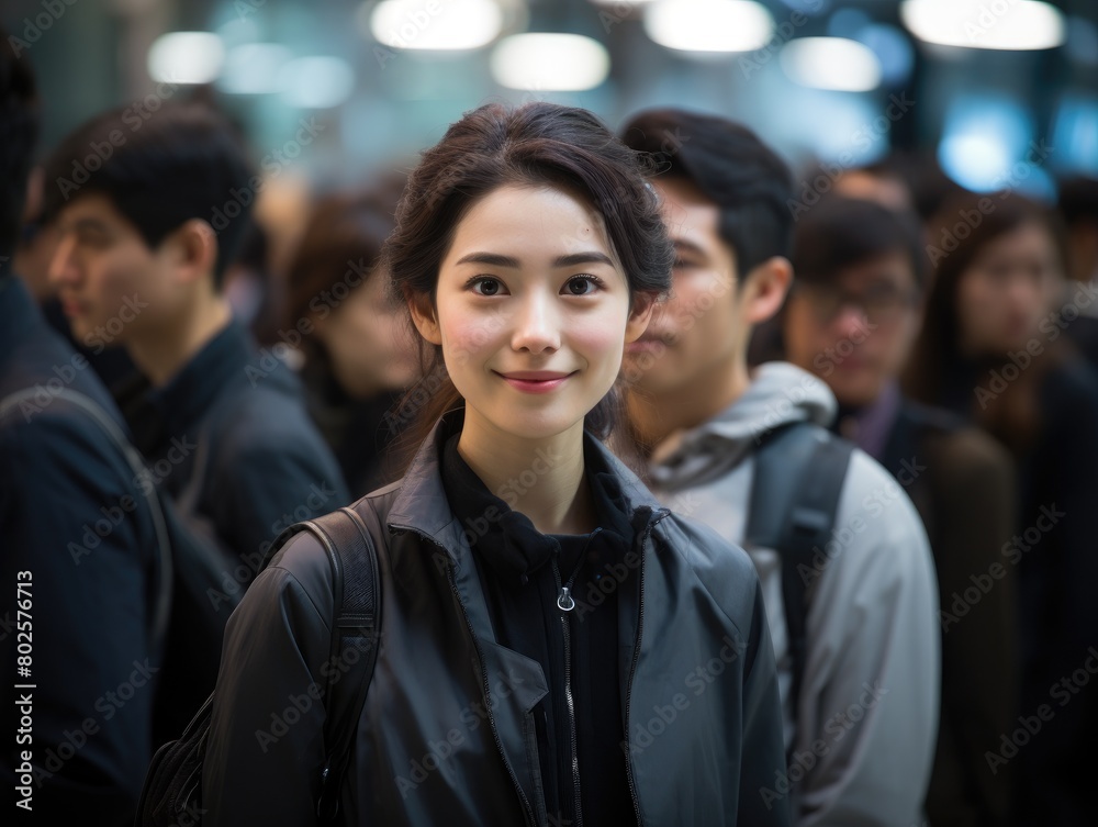 young woman in crowd smiling young woman in crowd smiling