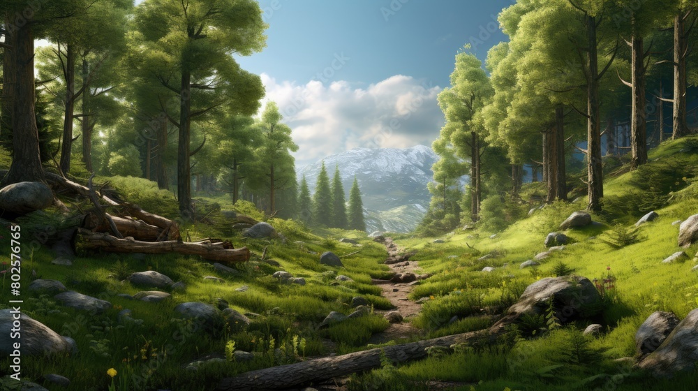 Serene forest landscape with snowy mountains