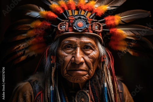 Powerful portrait of indigenous elder in traditional headdress © Balaraw