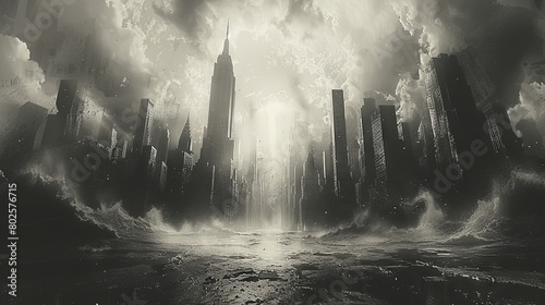 Futuristic Cityscape Engulfed by Waves in a Black and White Tone photo