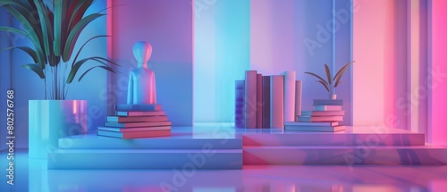 International Womens Day features empowering books and artwork by female artists, arranged thoughtfully on a minimalist stage with soft neon accents, product display background