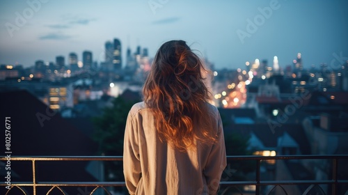woman overlooking city skyline at night