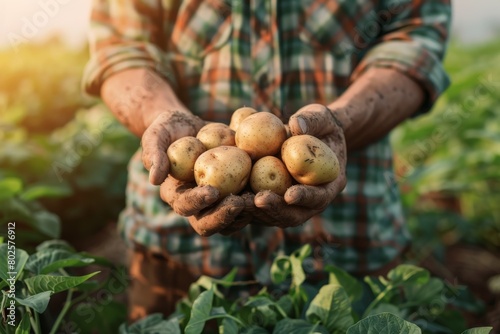 Farmer holding potatoes in hands against the background of a field