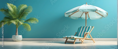 A single relaxing chair with a parasol next to a palm tree, evoking a peaceful and serene beach holiday sensation photo