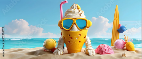 Playful beach scene with a whimsical ice cream character wearing diving goggles, evoking joy