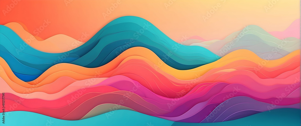 Bright and vibrant wavy shapes with a 3D effect create an abstract concept of fluid motion and creativity in this digital artwork Bright and vibrant wavy shapes with a 3D effect create an abstract concept of fluid motion and creativity in this digital artwork