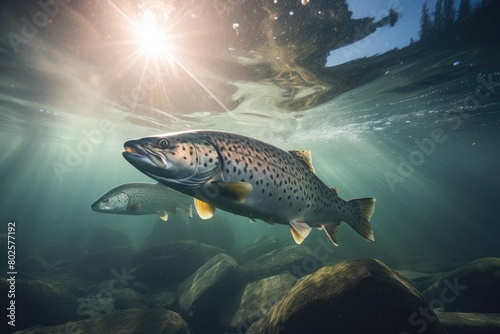 Underwater view of spotted trout swimming in sunlit river photo