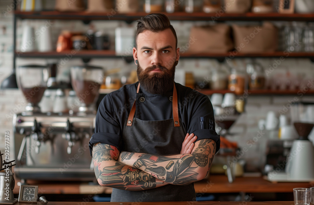 A hipster-style bearded bartender with crossed arms, tattoos, and wearing an apron in a bar with space for text. Image for banner, advertisement, or website. A hipster-style bearded bartender with crossed arms, tattoos, and wearing an apron in a bar with space for text. Image for banner, advertisement, or website.