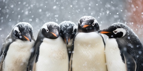 Adorable penguins huddled together in the snow