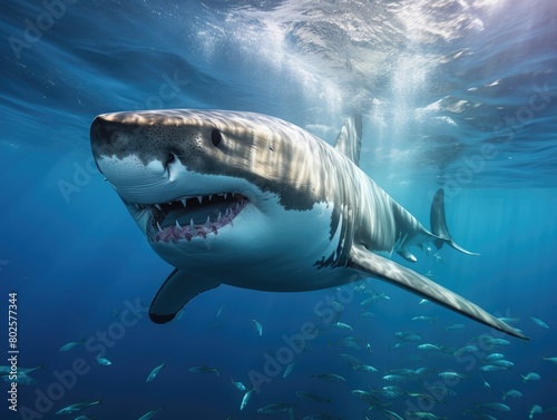 Massive great white shark swimming in deep blue ocean © Balaraw