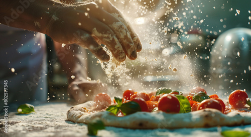 Close-up of pizza preparation. A hand sprinkling flour during the preparation of a pizza. Traditional Italian cooking.
