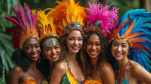 Vibrant Carnival Celebration: Group of Joyful Women in Colorful Costumes and Feathered Headdresses