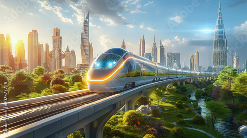 A futuristic high-speed train traveling on an elevated track through a lush, green landscape with a modern city skyline in the background under a clear sky. photo
