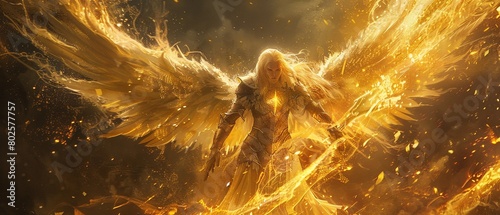 A tall, blondehaired warrior with wings, wielding the power of yellow lightning 8K , high-resolution, ultra HD,up32K HD photo