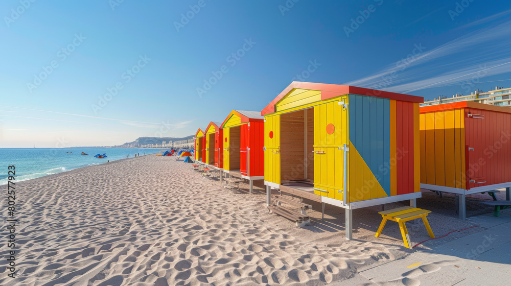 Naklejka premium Colorful beach huts line the sandy shore with a clear blue sky overhead, offering a vibrant contrast and a cheerful beachside atmosphere.