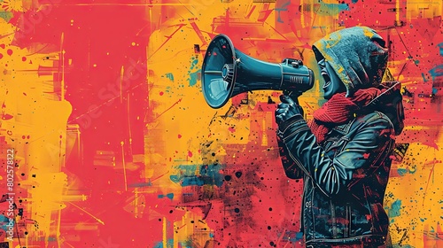Urban Activism and Communication: Person with Megaphone on Colorful Retro Halftone Background © AS Photo Family