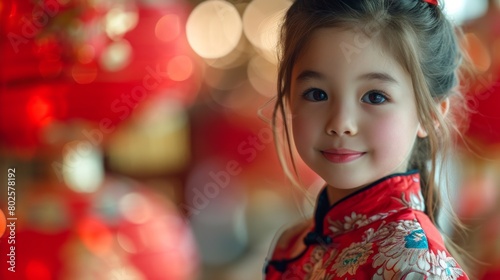 Young Girl in Traditional Chinese Dress With Festive Background