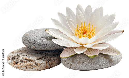 White water lily with dew on smooth river rocks isolated on transparent background