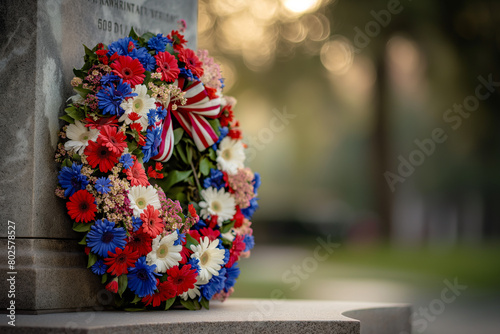 Patriotic Floral Wreath on a Memorial Monument