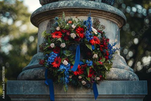 Patriotic Floral Wreath on a Memorial Monument