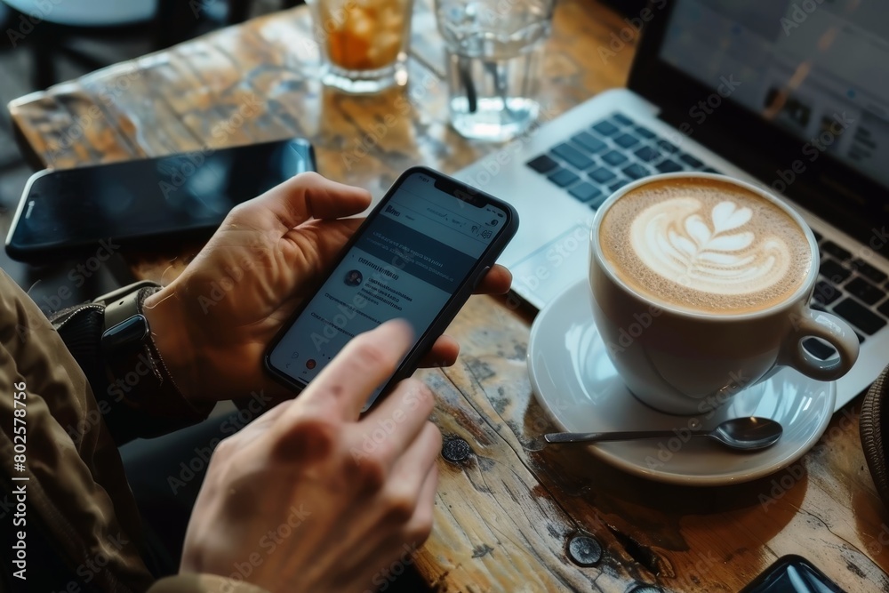 Freelancer working remotely from coffee shop. Freelancer working remotely from coffee shop.