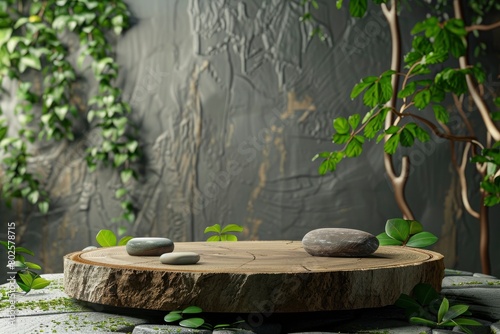 Wood podium with green leaves and natural stones. Abstract podium for organic cosmetic products. Natural stand for presentation and exhibitions. Front view - generative ai